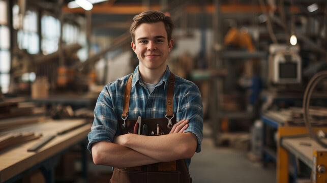 A young man with crossed arms wearing a checkered shirt and a leather tool belt stands confidently in a carpentry workshop.