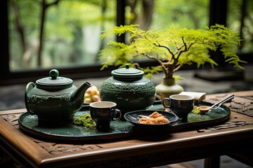 Obraz na płótnie Canvas Japanese tea table in Zen Garden., generative IA