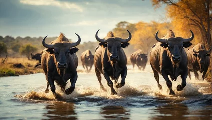Cercles muraux Buffle african buffalos running through the water