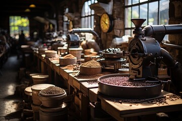 Fototapeta na wymiar Rustic coffee mill with fresh grains., generative IA