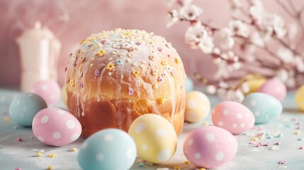  a bundt cake with frosting and sprinkles on a table surrounded by pastel speckles and pastel colored eggs on a pink background.