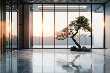 modern and clean entryway with glass walls and a tree