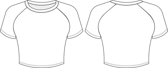 round neck crew neck short sleeve cropped crop raglan t-shirt tee blouse top template technical drawing flat sketch cad mockup fashion woman design style model
