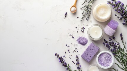 Obraz na płótnie Canvas Composition with lavender and organic cosmetics on white background. Organic SPA beauty products for hair and body care