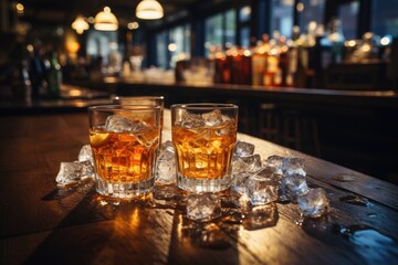 Bar counter with drinks and ice., generative IA