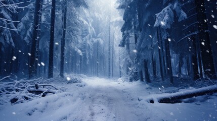 Beautiful forest road in the snow with heavy snowfall