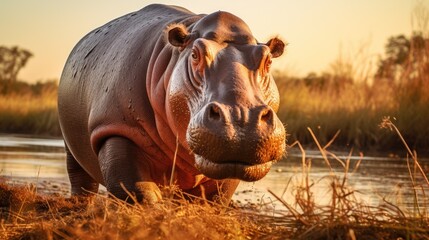 Hippopotamus in tall dry grass at sunset
