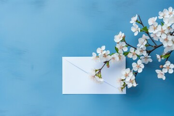 Cherry tree blossom, branches with white spring flowers and envelope over blue background