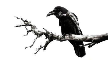 Majestic black raven perched on a barren branch, stark contrast, symbolic image of wisdom. fine art wildlife photography. perfect for decor and editorial use. AI - obrazy, fototapety, plakaty