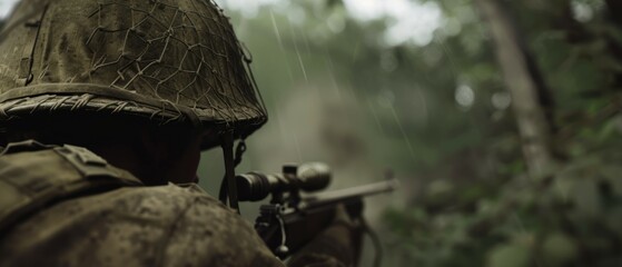 Point of View of a sniper soldier of the second world war wearing camouflage suit laying on ground hiding with sniper gun. Generative ai - obrazy, fototapety, plakaty
