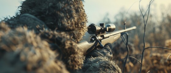 Point of View of a sniper soldier of the second world war wearing camouflage suit laying on ground hiding with sniper gun. Generative ai - obrazy, fototapety, plakaty