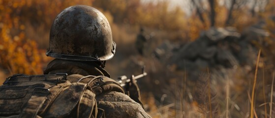 Point of View of a sniper soldier of the second world war wearing camouflage suit laying on ground hiding with sniper gun. Generative ai