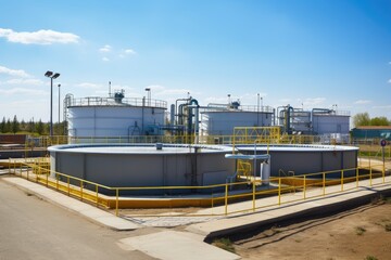 Obraz premium Modern wastewater treatment plant of chemical factory. Water purification tanks
