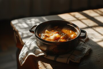 pot of soup with stew on a towel - obrazy, fototapety, plakaty