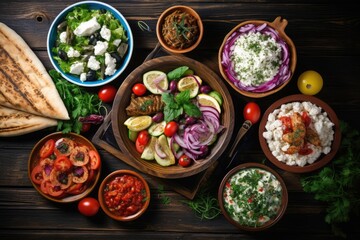 Greek food background. Meze, gyros, souvlaki, fish, pita, greek salad, tzatziki, assortment of feta, olives and vegetables.