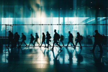 silhouette of people walking in an office space 