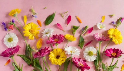 colorful spring flowers flying on a pink background summer aesthetic floral concept