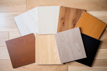 Wood laminate floor samples, vinyl tile. Assortment of parquet or laminate floor samples in natural colors.