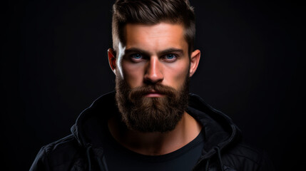 Obraz premium A stylish, well-groomed young man with a beard and mustache. Portrait of a brutal man with blue eyes in a black hoodie on a black isolated background.