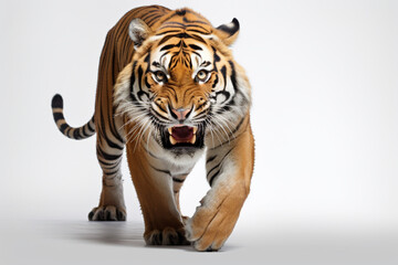 Naklejka premium Tiger Charging on a White Background. Beautiful feline portrait