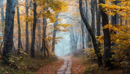 Obraz premium beautiful foggy autumn mysterious forest with pathway forward footpath among high trees with yellow leaves