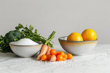 two bowls with salt and different kinds of vegetables on a white table