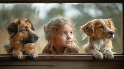 A little girl and her two dogs look out the window on a sunny day.