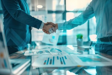 two businessmen shaking hands with papers and graphs at a corporate meeting, two people shaking hands in an office

 - obrazy, fototapety, plakaty