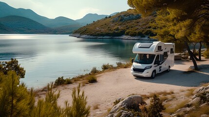 Idyllic lakeside RV camping spot. serene nature escape and recreational vehicle adventure. travel and tourism concept. AI