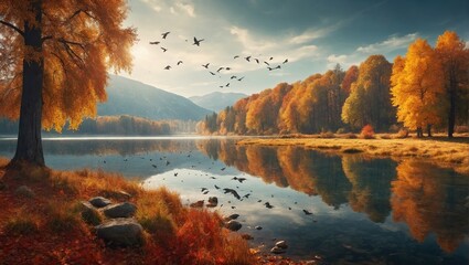 Naklejka na ściany i meble autumn landscape with lake and forest with birds