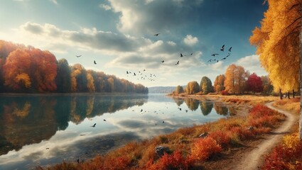 autumn landscape with lake and forest with birds