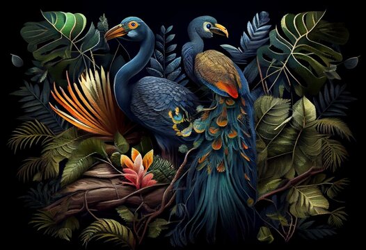 Tropical background, royal birds, peacock, heron, colorful fern leaves. Digital illustration. AI. Generative AI