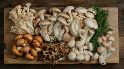 Fototapeta premium An array of assorted edible mushrooms displayed on a rustic wooden table, accompanied by green dill, showcasing the natural variety and beauty of autumn harvest.