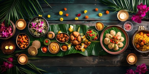 Traditional festive banquet table setting. exotic culinary experience. colorful tropical feast. celebratory meal presentation. AI - obrazy, fototapety, plakaty