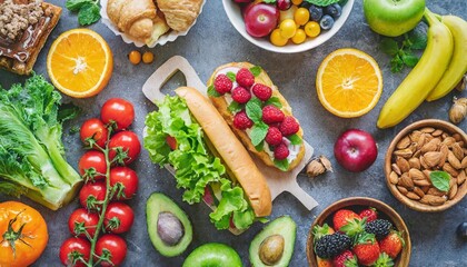 healthy and unhealthy food background from fruits and vegetables vs fast food sweets and pastry top view diet and detox against calorie and overweight lifestyle concept