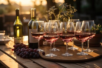 Wine tasting in vineyards at sunset., generative IA