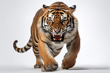Obraz premium Tiger Charging on a White Background. Beautiful feline portrait