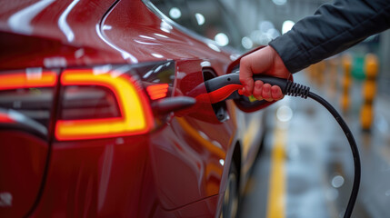 Electric car charging cable handle Closeup of electric car charging station
