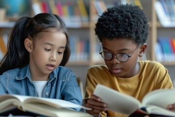 Two school kids sitting in a classroom, reading textbooks.