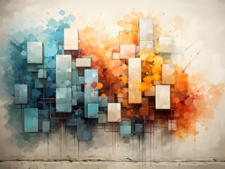 colorful images of squared shapes placed on a brick wall