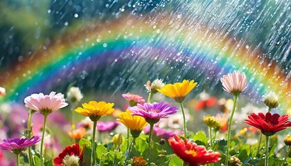 a dreamy landscape of colorful flowers with a rainbow and sparkling raindrops symbolizing hope and renewal
