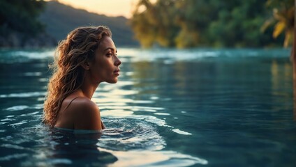 Fototapeta premium beautiful Woman enjoys serene swim in lagoon at dusk, nature's swimming pool, tranquil moment captured, wellness in natural habitat