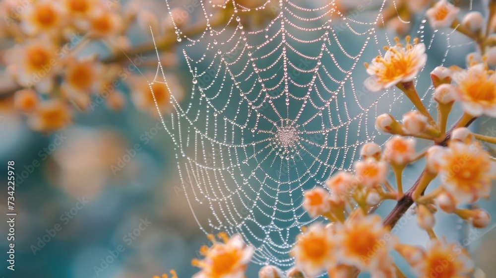 Wall mural a close up of a spider web on a branch of a tree with yellow flowers in the foreground and a blurry 