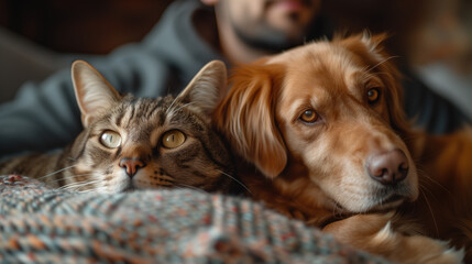 Man sitting on the sofa with cat and dog Pets in the house