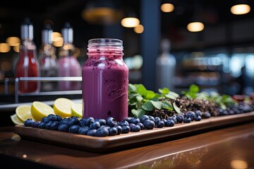 Blueberry juice glass at the gym., generative IA