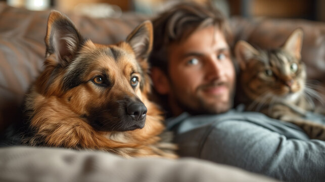 Man sitting on the sofa with cat and dog Pets in the house
