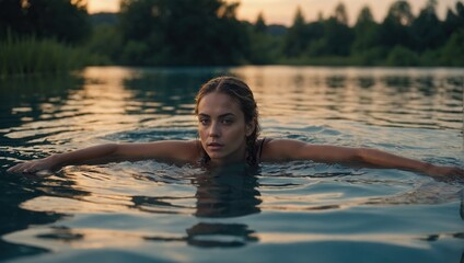 beautiful young Woman enjoys serene swim in lagoon at dusk, nature's swimming pool, tranquil moment captured, wellness in natural habitat