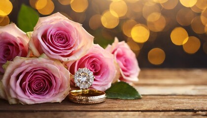 pink roses and engagement ring with diamond on a wooden brown natural table against a background of bokeh of golden lights valentine s day gift