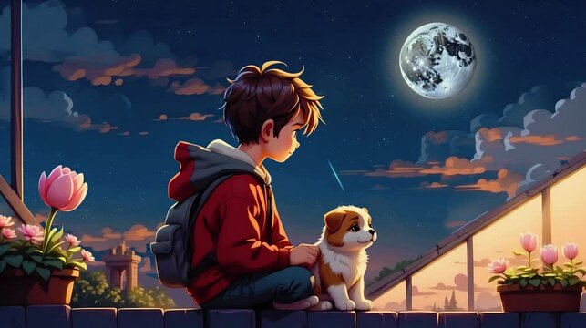 The boy on the roof with his bog,under the moon, with twinkling stars, meteor shower ,falling stars, seamless 4K Lofi looping animation.
