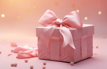  a pink gift box with a pink ribbon and a bow on a pink background with confetti scattered around it and a pink background with gold and white lights.